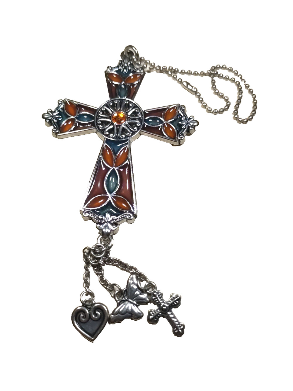 Faux Stain Glass Cross Orange Blue Silver Tone 4 1/2" Charms Hanging